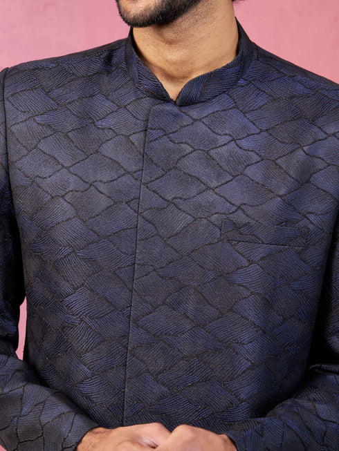 Men's Navy Blue Silk Blend Indowestern And Pant Set
